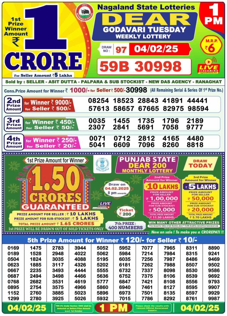 Nagaland State Lottery: Dear Lottery Result 04-01-2025 (01PM)