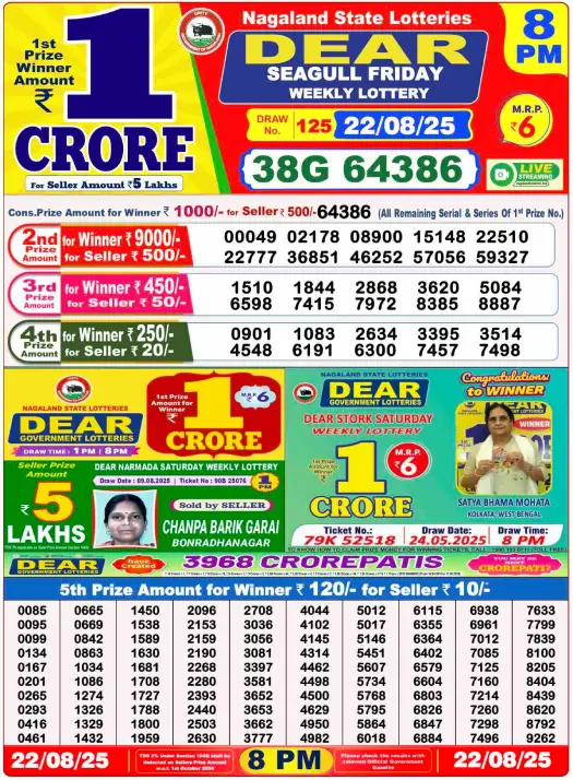 Nagaland Lottery Result: Today, 22-08-2025 (Dear SeaGull Friday), 08 PM