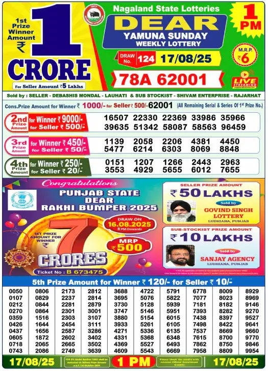 Nagaland Lottery Result: Today, 17-08-2025 (Dear Yamuna Sunday), 01 PM
