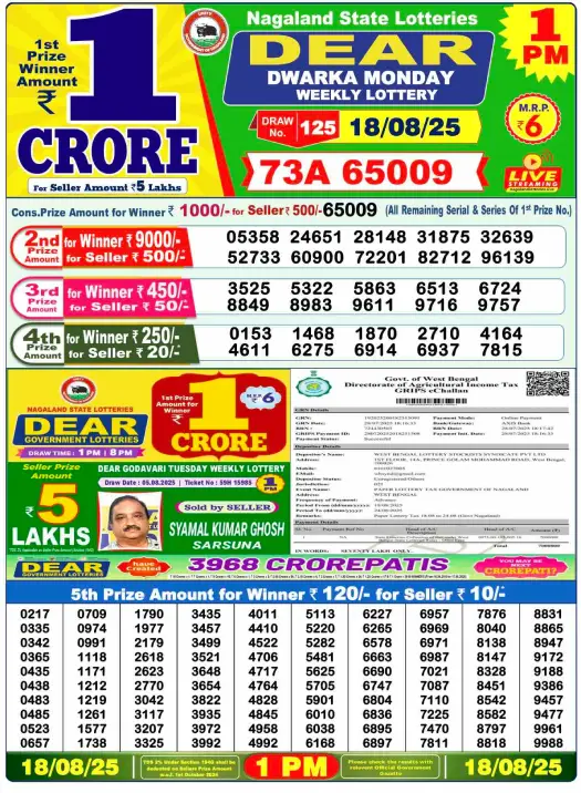 Nagaland Lottery Result: Today, 17-08-2025 (Dear Dwarka Monday), 01 PM