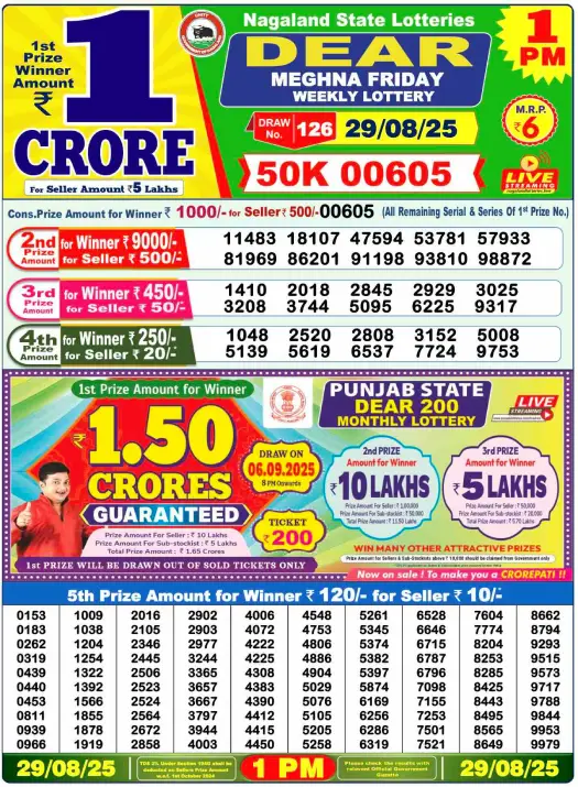 Nagaland Lottery Result: Today, 29-08-2025 (Dear Meghna Friday), 01 PM