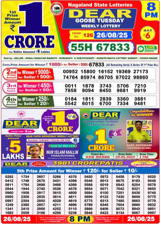 Nagaland Lottery Result: Today, 26-08-2025 (Dear Goose Tuesday), 08 PM