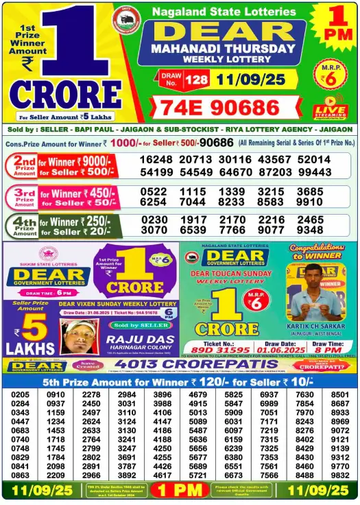 Nagaland Lottery Result: Today, 11-09-2025 (Dear Mahanadi Thursday), 01 PM