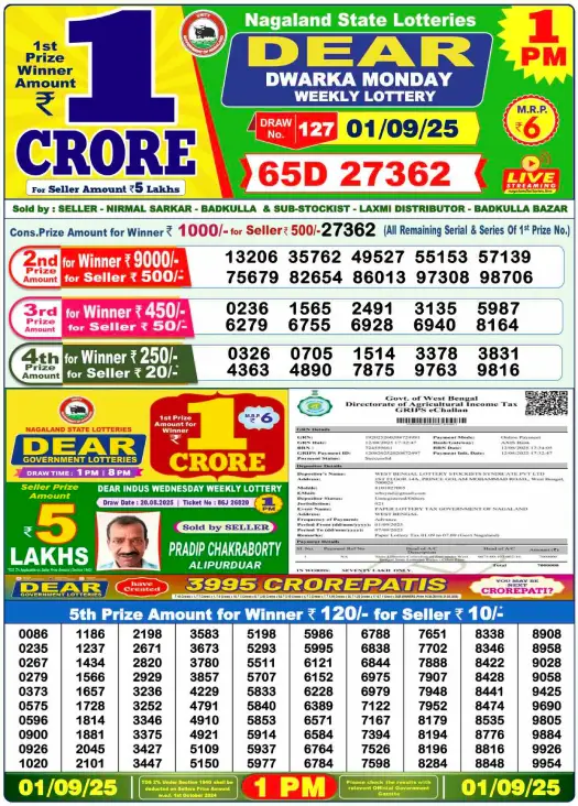 Nagaland Lottery Result: Today, 01-09-2025 (Dear Dwarka Monday), 01 PM