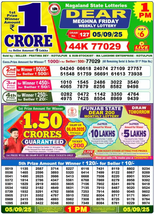 Nagaland Lottery Result: Today, 05-09-2025 (Dear Meghna Friday), 01 PM