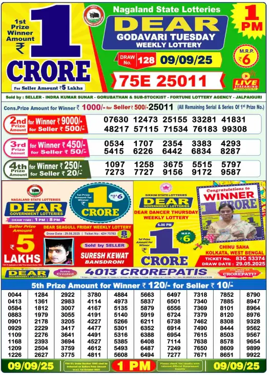Nagaland Lottery Result: Today, 09-09-2025 (Dear Godavari Tuesday), 01 PM