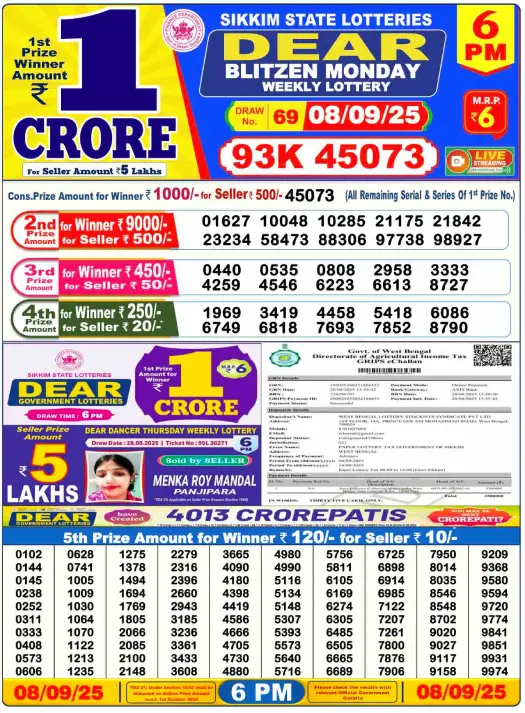 Nagaland Lottery Result: Today, 08-09-2025 (Dear Blitzen Monday), 06 PM